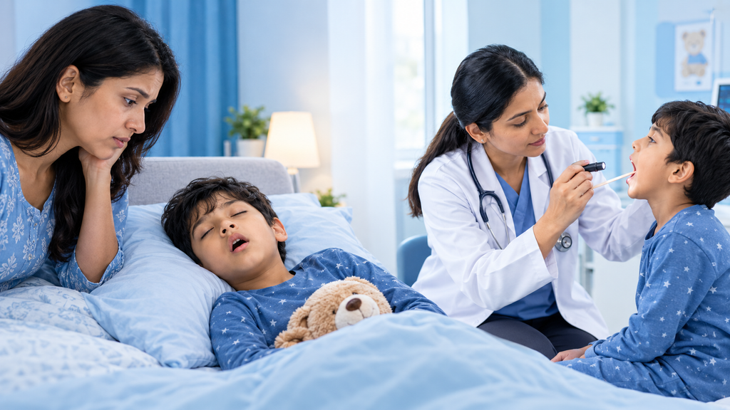 Parent observing a child’s snoring, breathing patterns, restless sleep, and daytime tiredness before an ENT consultation.